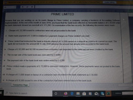 O PROTECTED VIEW de ratlles tiom the listeet can conta Enable Editing PRIME LIMITED Assume that you are working as an Account