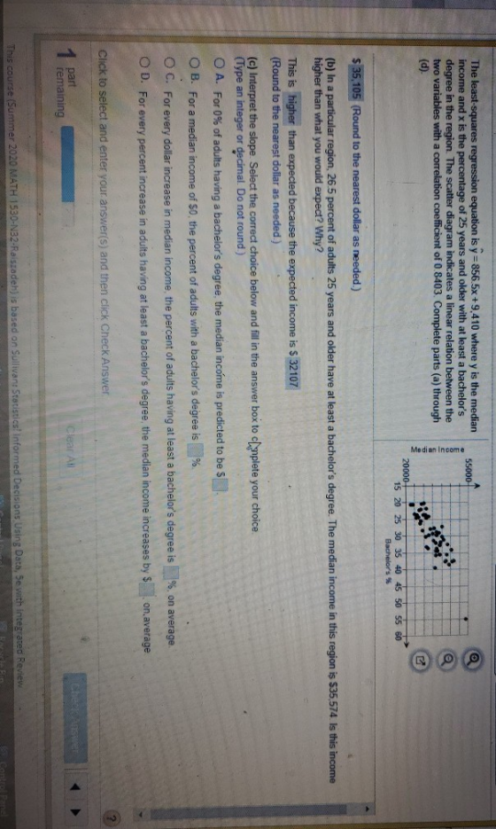 A 55000 The least-squares regression equation is y=856.5x +9,410 where y is the median income and x is the percentage of 25 y