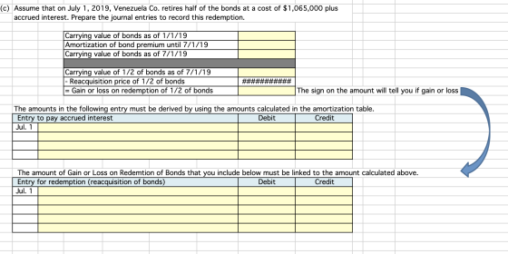 (c) Assume that on July 1, 2019, Venezuela Co. retires half of the bonds at a cost of $1,065,000 plus accrued interest. Prepa