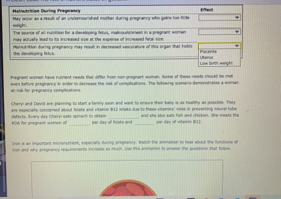 Effect Malnutrition During Pregnancy May occur as a result of an undernourished mother during pregnancy who gains too little