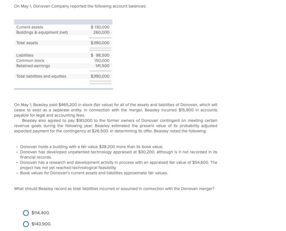 On May 1, Donovan Company reported the following account balances: Current assets Buildings & equipment (net) $ 130,000 260,0