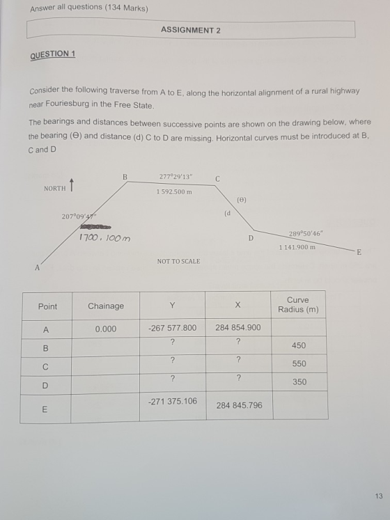Answer all questions (134 Marks) ASSIGNMENT 2 QUESTION 1 Consider the following traverse from A to E. along the horizontal al