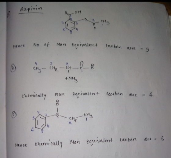 Aspirin Hence No of mon equivalent carbon arse a B ig Pine 8 +NH3 Chemically mon Equivalent carbon are = 4 the CH3 Hence chem