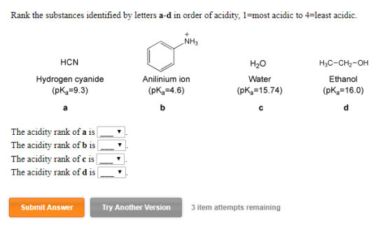 Rank the substances identified by letters a-d in order of acidity, 1=most acidic to 4=least acidic. NH, HCN Hydrogen cyanide