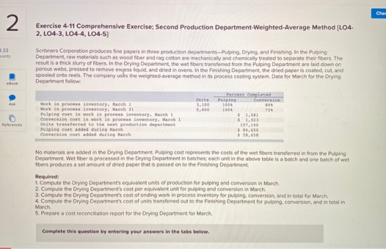 Ches 2 Exercise 4-11 Comprehensive Exercise; Second Production Department-weighted Average Method (L04- 2, L04-3, L04-4, LO4-