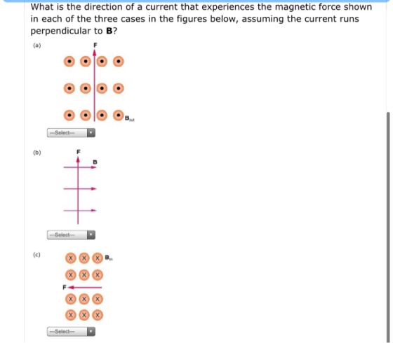 What is the direction of a current that experiences the magnetic force shown in each of the three cases in the figures below,