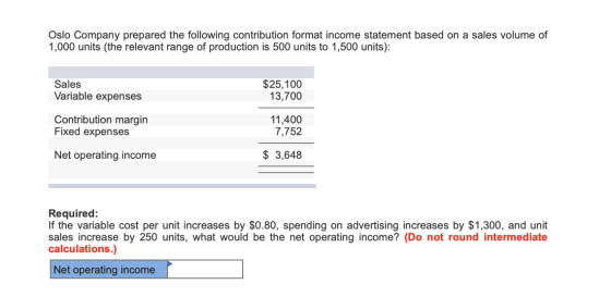 Oslo Company prepared the following contribution format income statement based on a sales volume of 1,000 units (the relevant