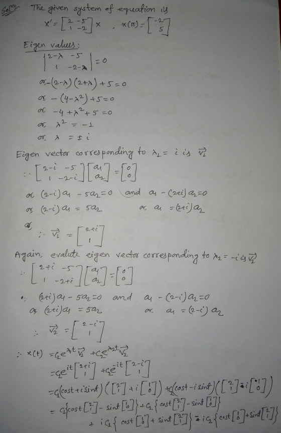 Solm The given system of equation is x= [2 - 5] x , X(M)- [ 3 Eigen values: -5 1 - 2-2 12 or- (2-x) (2+8) +5=0 or - (4-72) +5
