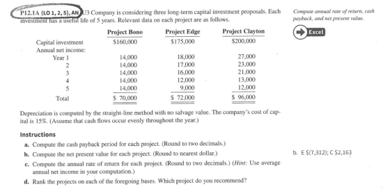 P12.1A (LO 1, 2,5), AN U3 Company is considering three long-term capital investment proposals. Each investment has a useful l