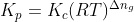 K_p = K_c(RT)^{\Delta n_{g}} \\ \Rightarrow K_p = 4.0 \times 10^{-2} \ mol \ L^{-1} (0.082 \ L \ atm \ K^{-1} \ mol^{-1} \times 298.15 \ K)^1 \\ \Rightarrow K_p = 0.9779 \ atm \approx 0.98 \ atm