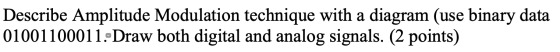 Describe Amplitude Modulation technique with a diagram (use binary data 01001100011. Draw both digital and analog signals. (2