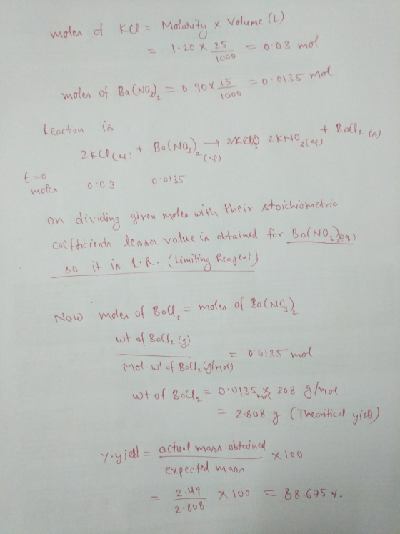 Malaty maler of kl= x Volume (L) 20X 25 0.03 mot tooo moten of Ba (No), 090x 15 1000 0.0135 mot Reacton is + Balle (6) 2/ 2KN