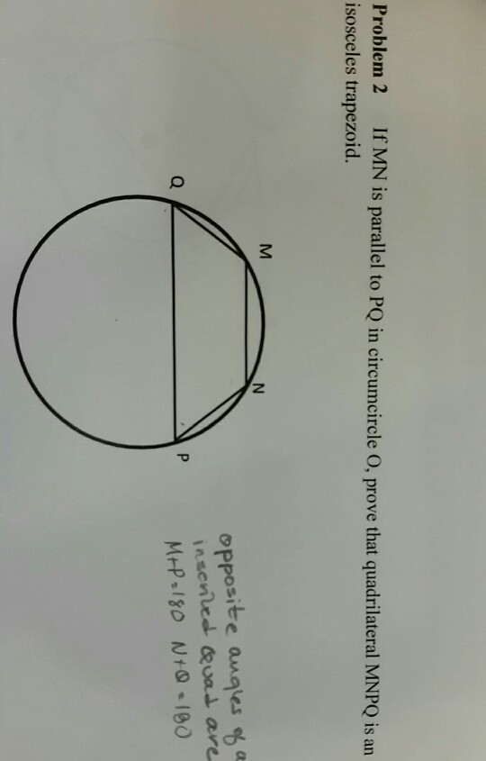 Problem 2 If MN is parallel to PQ in circumcircle O, prove that quadrilateral MNPQ is an isosceles trapezoid opposite anges a