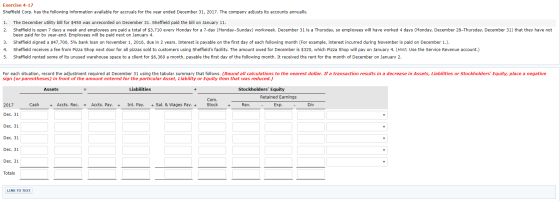 Exercise 4-17 Sheffield Corp. has the following information available for accruals for the year ended December 31, 2017. The