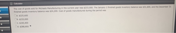 Calculator The cost of goods sold for Michaels Manufacturing in the current year was $233,000. The January 1 finished goods i
