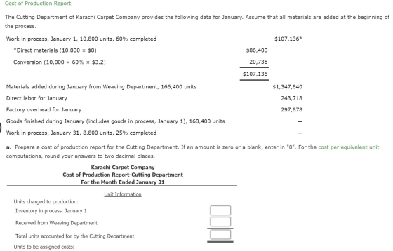 Cost of Production Report The Cutting Department of Karachi Carpet Company provides the following data for January. Assume th