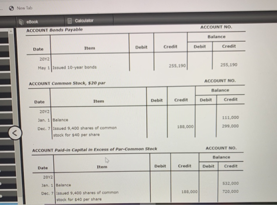 New Tab Calculator eBook ACCOUNT NO. ACCOUNT Bonds Payable Balance Credit Debit Credit Debit Item Date 20Υ2 255,190 255,190 M