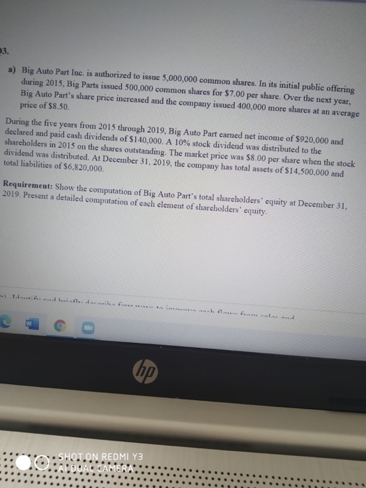 23. a) Big Auto Part Inc. is authorized to issue 5,000,000 common shares. In its initial public offering during 2015, Big Par