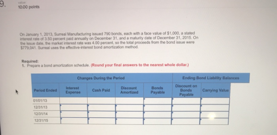 10.00 points On January 1, 2013, Surreal Manufacturing issued 790 bonds, each with a face value of $1,000, a stated interest
