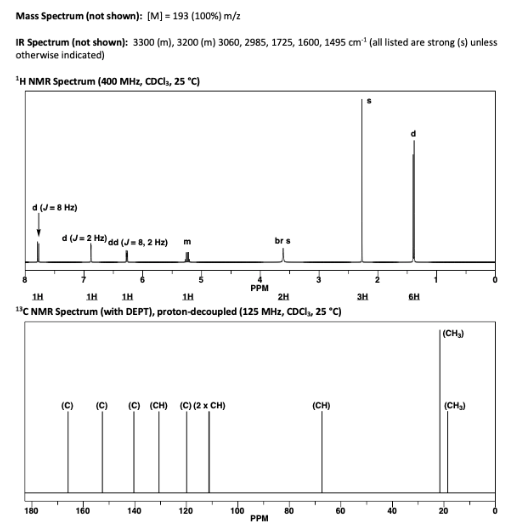 Mass Spectrum (not shown): [M] = 193 (100%)m/z IR Spectrum (not shown): 3300 (m), 3200 (m) 3060, 2985, 1725, 1600, 1495 cm ot