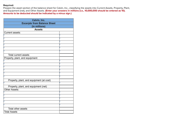 Required: Prepare the asset section of the balance sheet for Calvin, Inc., classifying the assets into Current Assets, Proper