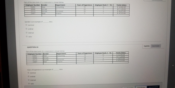Part of the data bank of a corporation is shown below Number Gender Years of Experience E Yearly Sala $ 52443 tment s 4 Gender is an example of data nominal ordinal O interval 4 points Save Answer QUESTION 24 Part of the data bank of a corporation is shown below Number Gender Years of Experience is an example of data. nominal ordinal interval ratio ave and Subm