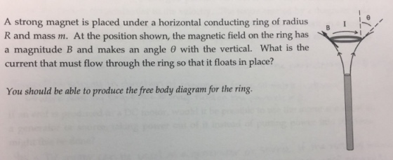 A strong magnet is placed under a horizontal conducting ring of radius R and mass m. At the position shown, the magnetic field on the ring has a magnitude B and makes an angle with the vertical. What is the current that must flow through the ring so that it floats in place? You should be able to produce the free body diagram for the ring.