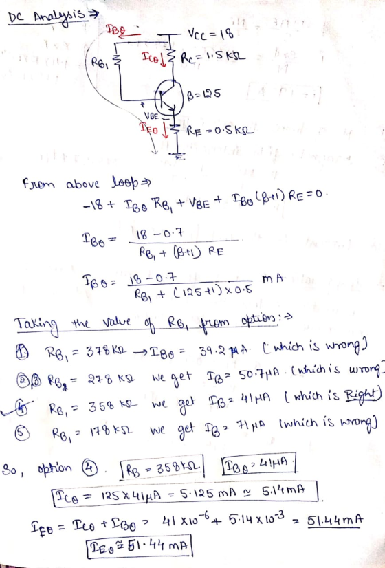 DC Analysis TBD Vcc=18 Roi I col Re = 1.5ks B-125 - + VBE DEO & RESO.SKR m A from above loop -18+ Teo Re, + Vee + Tbo Bel) RE