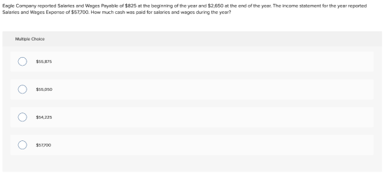 Eagle Company reported Salaries and Wages Payable of $825 at the beginning of the year and $2,650 at the end of the year. The