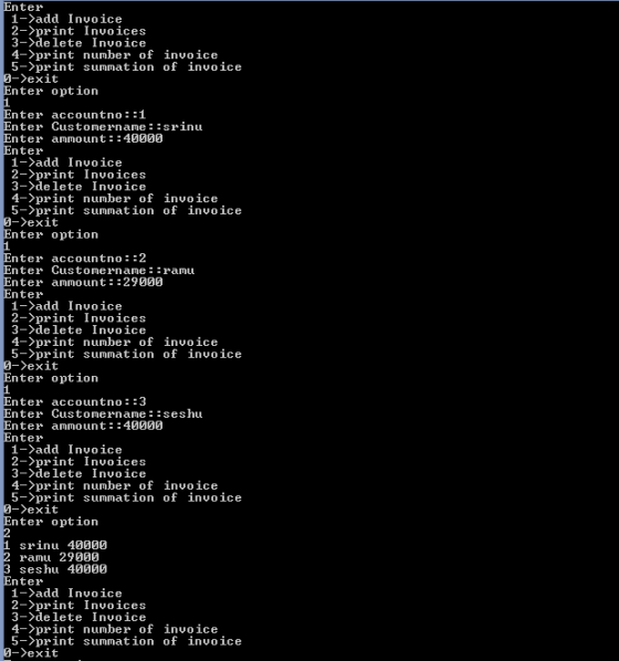 nter 1-add Invoice 2->print Invoices 3-delete Invoice 4-print number of invoice xprint summation of invoice ->exit nter optio