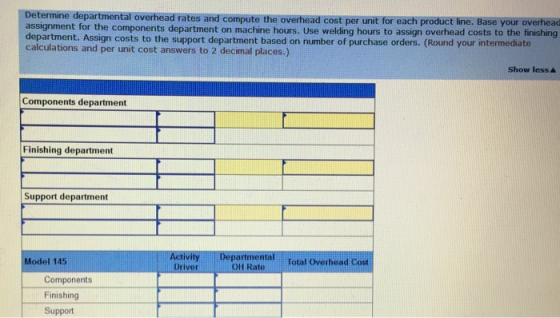 Determine departmental overhead rates and compute the overhead cost per unit for each product line. Base your overhead assign
