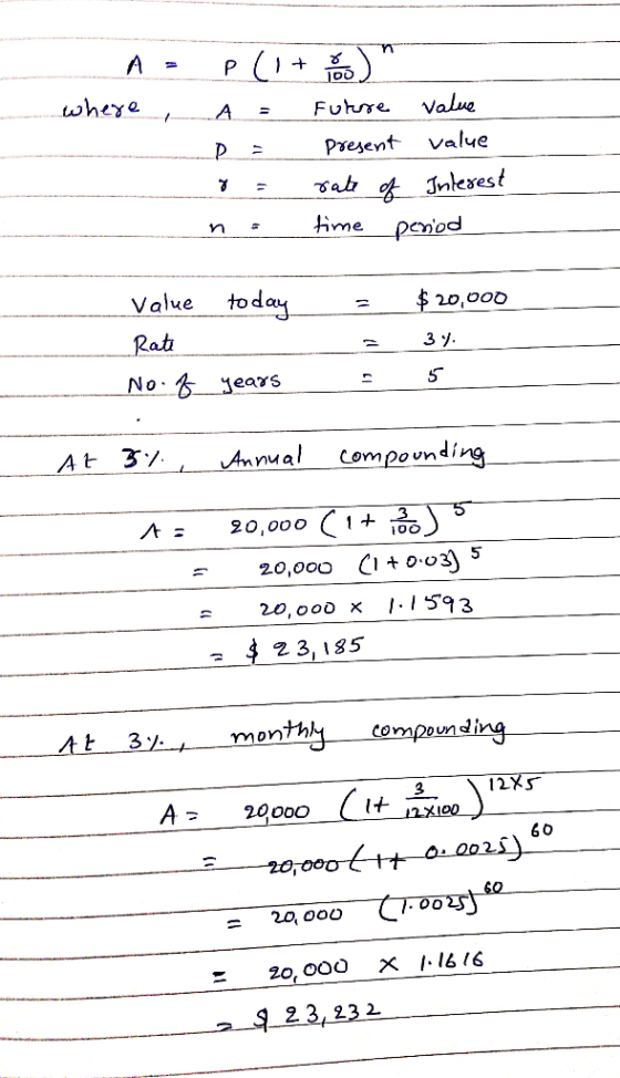 A = where, ----- - P(1+0 ho) A= Furore value Present value = rate of Interest n = time period today = value Rate No. of $20,