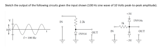 Sketch the output of the following circuits given the input shown (100 Hz sine wave of 10 Volts peak-to-peak amplitude). +3V IN 2.2k IN914s lk 1QV IN OUT OUT IN914 f 100 Hz -3V