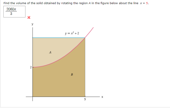 Find the volume of the solid obtained by rotating the region A in the figure below about the line x = 5. 20607 3 x y y = x +