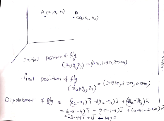 A (299,, Z) B • Otz, I₂, E2) Initial position of (2,59,7) =(lam, 1-15m),2-500) Dosition 4.14 m. final of fly Displacement of