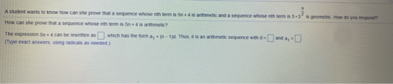 A student wants to know how can she prove that a sequence whose nth term is on 4 is arithmetic and a sequence whose nth term