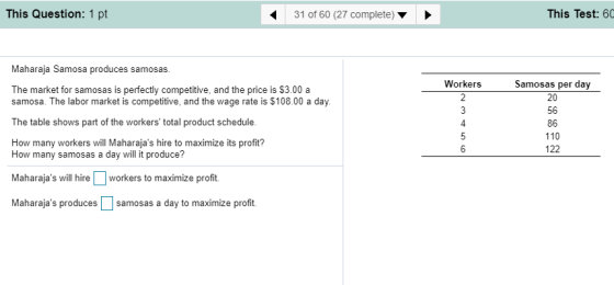 This Question: 1 pt 31 of 60 (27 complete) This Test: 60 Maharaja Samosa produces samosas. WorkersSamosas per day The market for samosas is perfectly competitive, and the price is $3.00 a samosa. The labor market is competitive, and the wage rate is $108.00 a day. The table shows part of the workerstotal product schedule How many workers will Maharajas hire to maximize its profit? 20 56 86 110 122 6 How many samosas a day will it produce? Maharajas will hire workers to maximize profit Maharajas producessamosas a day to maximize profit