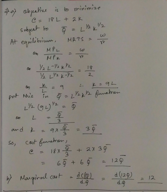 2 ay objective is to minimize C = 18L + 2K subject to 5 = LY2kl2 7 At equilibrium, MRTS = x a MPL w TA on Y2 L-/kY2 - 18 /₂ L