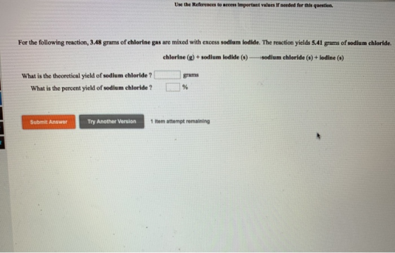 Use the References to access Important values If needed for this question. For the following reaction, 3.48 grams of chlorine