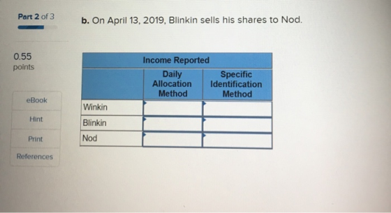 Part 2 of 3 b. On April 13, 2019, Blinkin sells his shares to Nod. 0.55 points Income Reported Daily Specific Allocation Iden