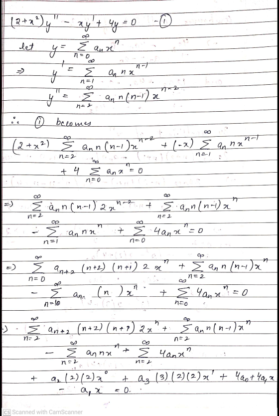 1 [2+2°)y ayt My = 0 10 - n let y no E and =) |ا E n-/ an na n=1 mi TY 72 y E ann(n-1) a n-2 9 ☺ becomes n-2 na7 (2+x2) Ź a