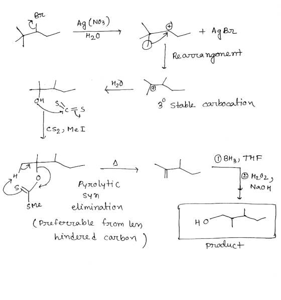 2 AA 27 H20 Rearrangem ngonent ther person tot zo stable carbocation CS2) Mel O BH2, THE 2 H₂020 NaOH Man Ay Pyrolytic syn sm