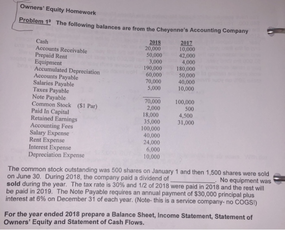 Owners Equity Homework The following balances are from the Cheyennes Accounting Company 2018 20,000 50,000 3,000 190,000 60