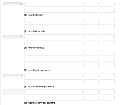 (To record interest.) (To record depreciation.) (To reverse interest.) (To record lease payment.) (To record insurance paymen