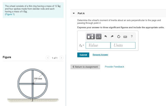 The wheel consists of a thin ring having a mass of 12 kg and four spokes made from slender rods and each having a mass of 4 k
