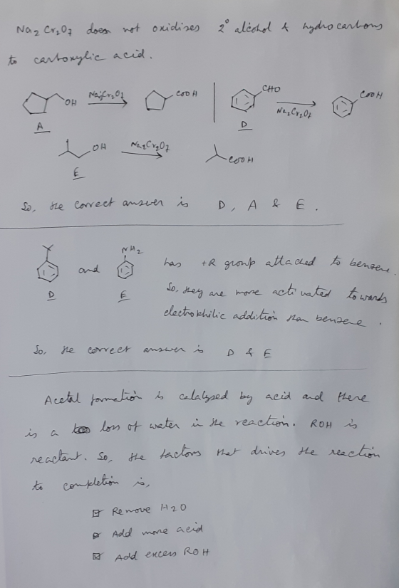 to cartoxylic acid. CHO coo A. Na₂Cr₂O7 A NaqCrqO7 +R group attached to bentene. Nag Cr₂O7 does not oxidises 2 alcohol of hyd