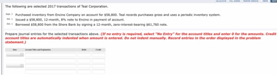 CALCATO PRONTER VER BREN MEXT The following are selected 2017 transactions of Teal Corporation. Set 1 Purchased inventory fro