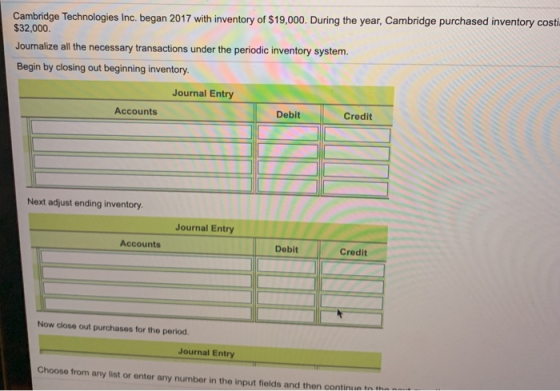 Cambridge Technologies Inc. began 2017 with inventory of $19.000. During the year, Cambridge purchased inventory costi $32,00