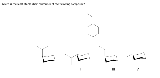 Which is the least stable chair conformer of the following compound? III IV