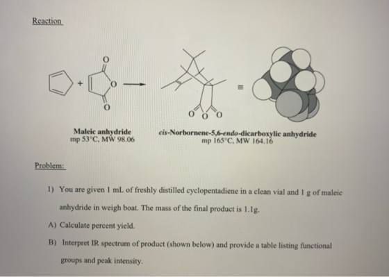 Reaction 0 Maleic anhydride mp 53°C, MW 98.06 cis-Norbornene-5,6-endo-dicarboxylic anhydride mp 165°C, MW 164.16 Problem: 1)